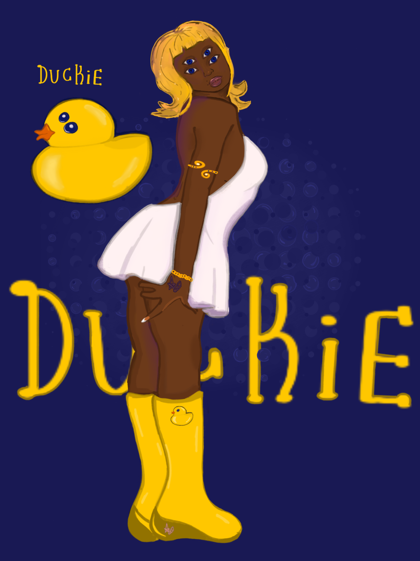 Brown-skin woman in a short white dress and 4 deep blue-eyes. A rubber duck on her left with 4 eyes